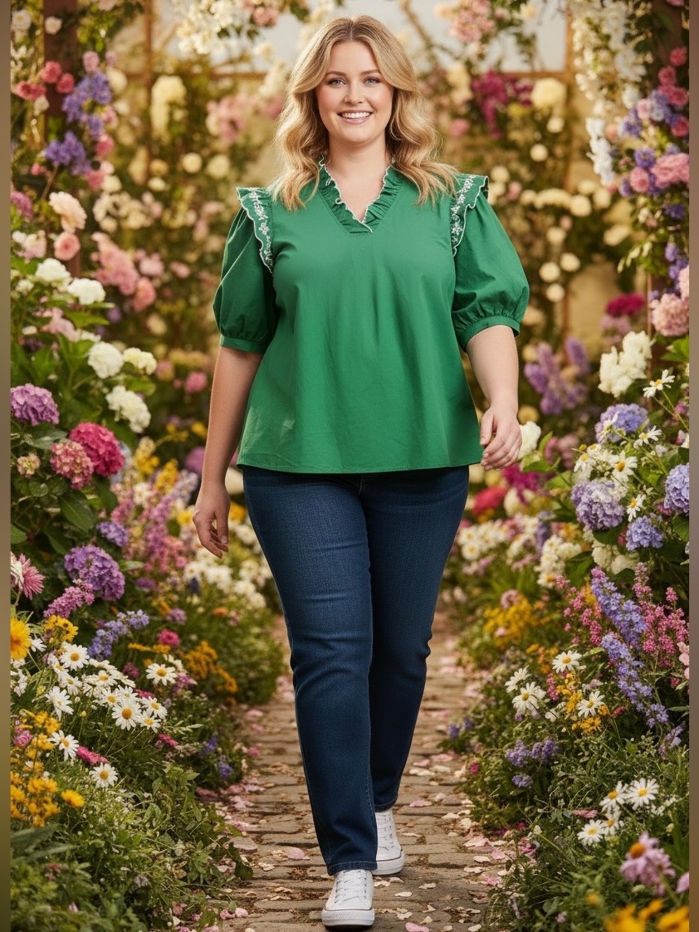 She + Sky Green Plus Size Embroidered Ruffle Short Puffed Sleeve Top. NWT